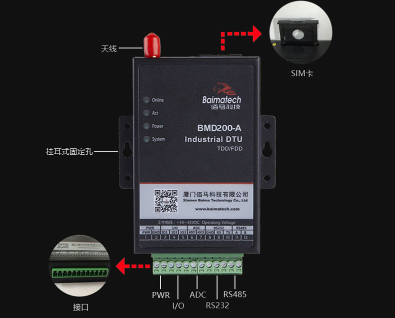BMD200 DTU接口豐富，方便聯(lián)接各種智能設(shè)備